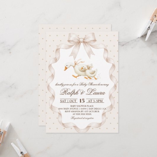 Invitation Baby-Shower Thème Canard avec Points Neutres (Devant/Arrière en situation)