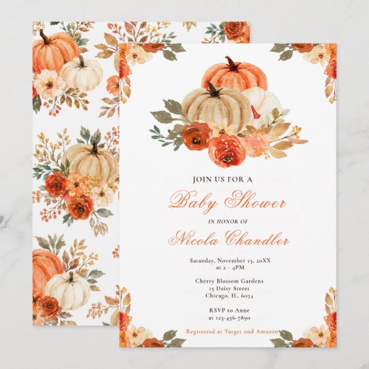 Invitation Baby-Shower Thème Citrouille d'Automne (Devant / Derrière)
