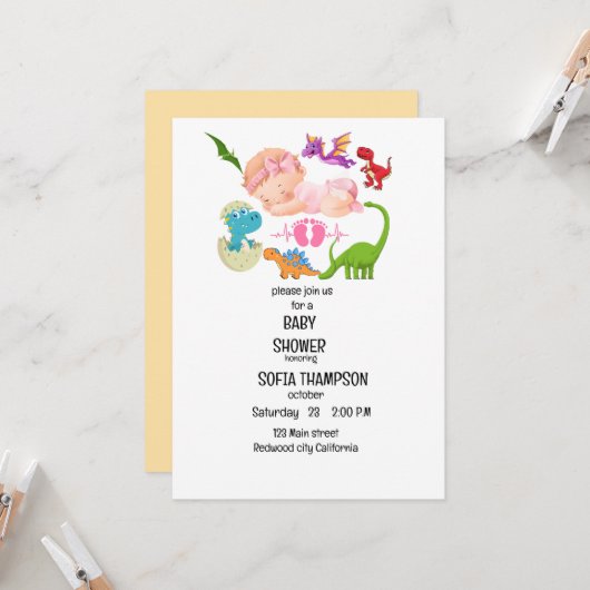 INVITATION baby shower Thème Dinosaur (Devant/Arrière en situation)