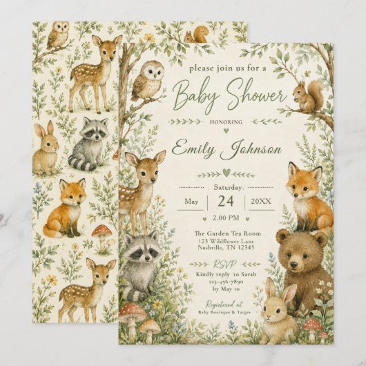 Invitation Baby-Shower Thème Forêt (Devant / Derrière)