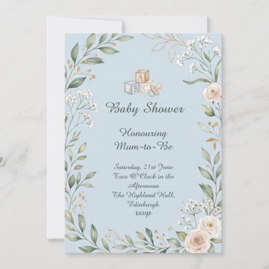 Invitation Baby Shower Thème Forêt Bleue (Devant)