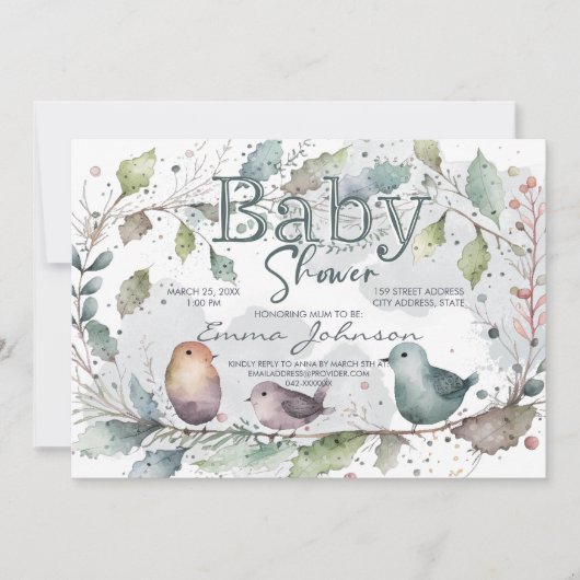 Invitation Baby-Shower Thème Nature Aquarelle (Devant)