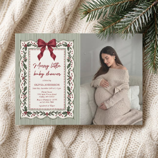 Invitation Baby Shower Thème Noël Hiver Rayure Verte