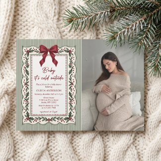 Invitation Baby Shower Thème Noël Hiver Rayure Verte