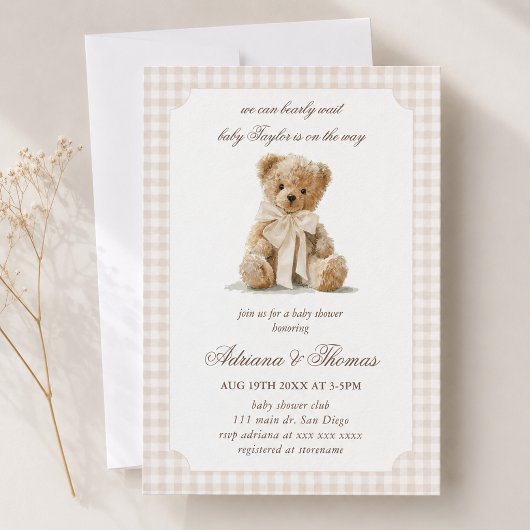 Invitation Baby-Shower Thème Ours Gingham Neutre