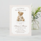Invitation Baby-Shower Thème Ours Gingham Neutre (Debout devant)