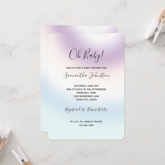 Invitation Baby shower Tie dye Bleu Blanc Violet (Devant/Arrière en situation)