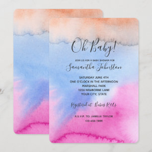 Invitation Baby-Shower Tie dye Rose Bleu pêche