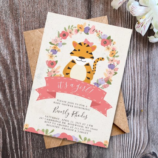Invitation Baby shower tigre doux et fleurs