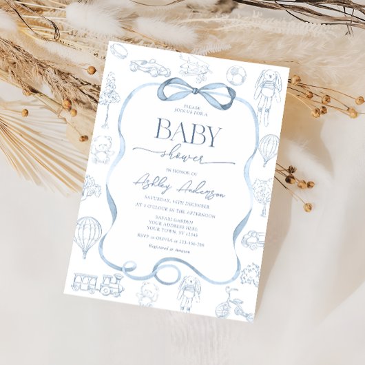 Invitation Baby shower Toile De Jouy avec Bow Boy