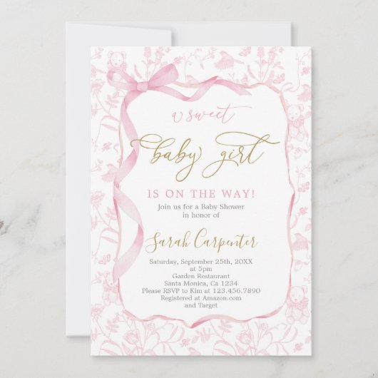 Invitation Baby shower Toile De Jouy avec Bow Girl (Devant)