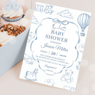 Invitation Baby shower Toile De Jouy Blue Bow