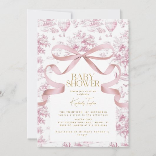 Invitation Baby shower Toile De Jouy Bow Rose (Devant)