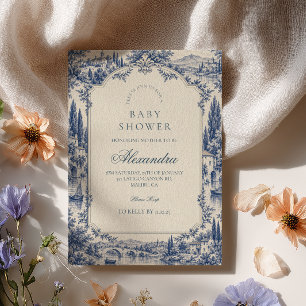 Invitation Baby-Shower Toile de Jouy Indigo Classique