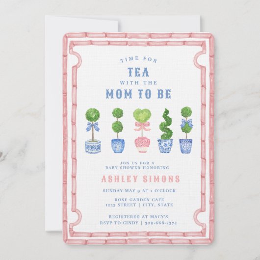 Invitation Baby shower Topiaire Chinoiserie | Tea Party rose (Devant)