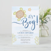 Invitation Baby Shower Tortue Marine Aquarelle Garçon (Debout devant)