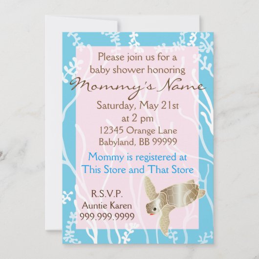 Invitation baby shower Tortue rose/turquoise (Devant)