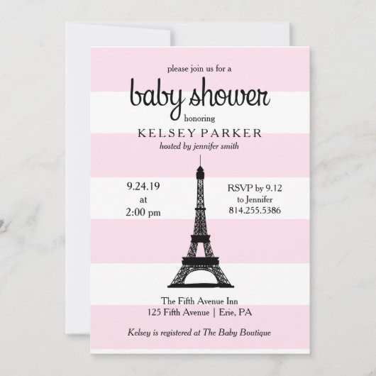 Invitation Baby shower Tour Eiffel Paris rose (Devant)