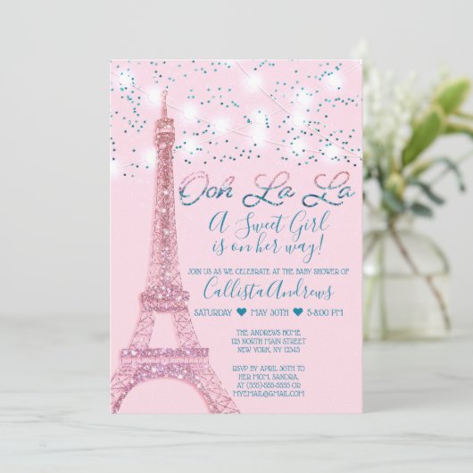 Invitation Baby shower Tour Eiffel Tour Pink Paris Lumières (Debout devant)