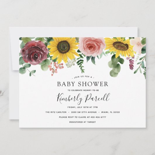 Invitation Baby shower tournesol et Rose (Devant)