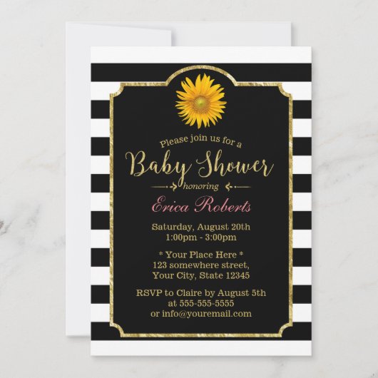 Invitation Baby shower Tournesol Moderne Tailles Noir & Blanc (Devant)
