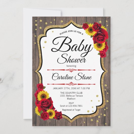 Invitation Baby shower - Tournesols Rose Bois rustique (Devant)