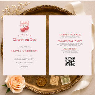 Invitation Baby Shower Tout en Un Ruban Rouge Cerise sur le H