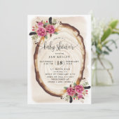 Invitation Baby shower, tranche de bois rose floral (Debout devant)