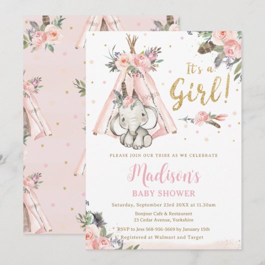 Invitation Baby shower tribal Boho Elephant rose fille (Devant / Derrière)