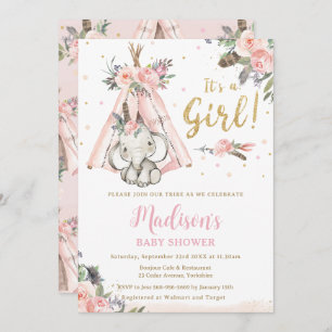 Invitation Baby shower tribal Boho Elephant rose fille