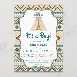 Invitation Baby shower tribal d'Aztèque de turquoise de