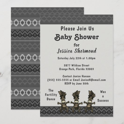 Invitation Baby shower tribal Gris Danse Abstraite de fertili (Devant / Derrière)