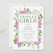 Invitation Baby shower Triplet Girls Pink Hydrangeas (Devant)