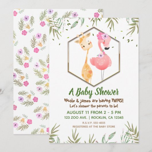 Invitation Baby Shower Tropical À L'aquarelle Flamant Rose &  (Devant / Derrière)