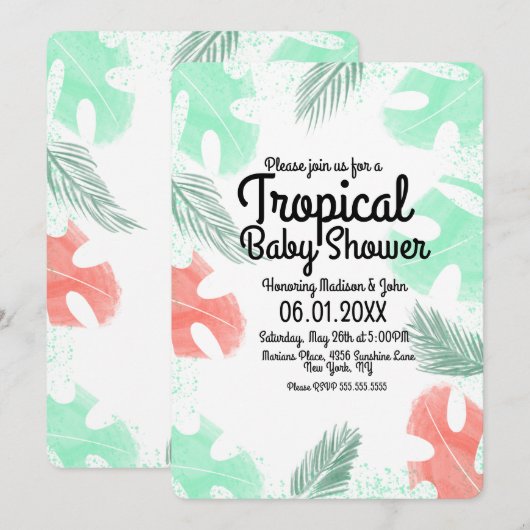 Invitation Baby shower tropical Aquarelle Monstera Coral (Devant / Derrière)