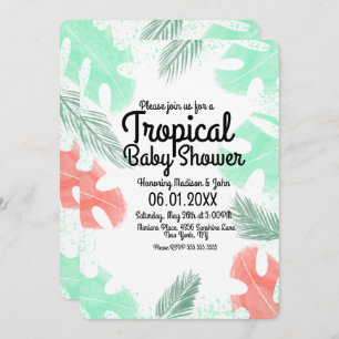 Invitation Baby shower tropical Aquarelle Monstera Coral