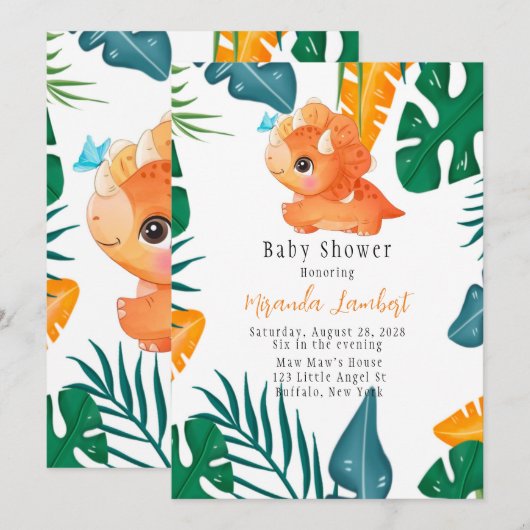 Invitation Baby shower Tropical Cute Orange Dinosaur (Devant / Derrière)