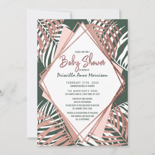 Invitation Baby shower tropical de palmier d'or de rose vert (Devant)