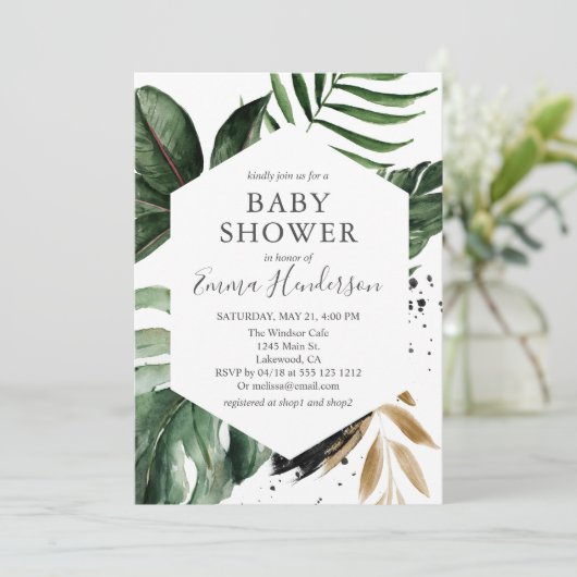 Invitation Baby shower tropical de verdure estivale (Debout devant)