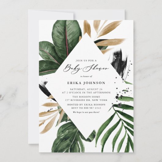 Invitation Baby shower Tropical Feuille Faux Gold Foil (Devant)