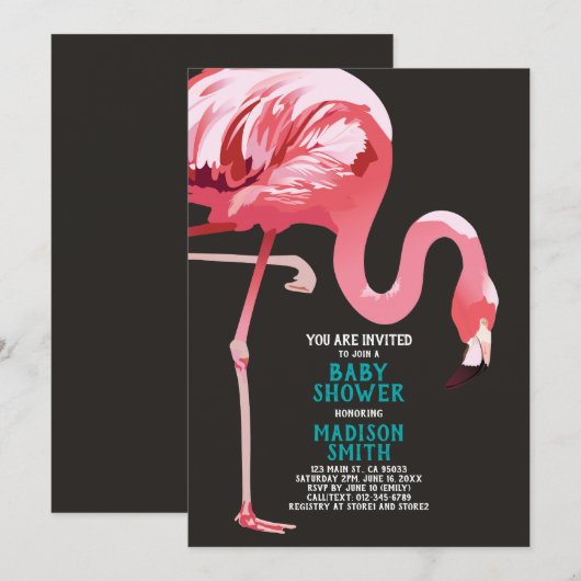 Invitation Baby shower tropical Flamant rose mignon (Devant / Derrière)