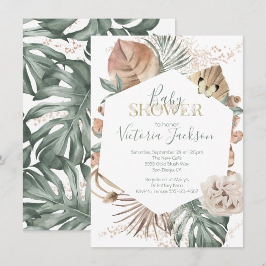 Invitation Baby shower Tropical Oasis Palm Leaf Gold (Devant / Derrière)