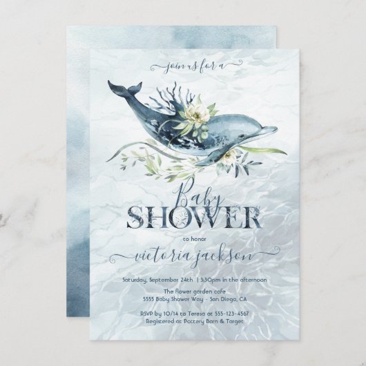 Invitation Baby shower tropical océanique de dauphins (Devant / Derrière)