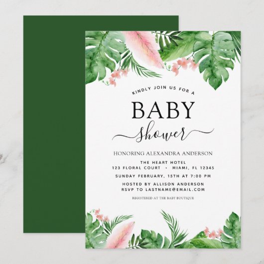 Invitation Baby shower Tropical Palm Floral Aquarelle (Devant / Derrière)