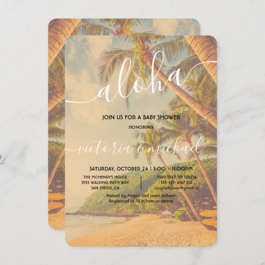 Invitation Baby shower Tropical Palm Tree Beach Aloha (Devant / Derrière)