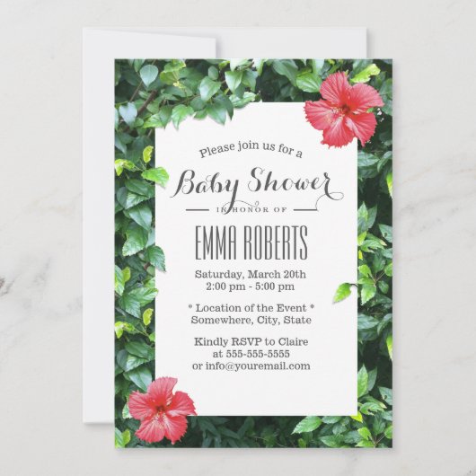 Invitation Baby shower Tropical Rouge Hibiscus Fleurs (Devant)