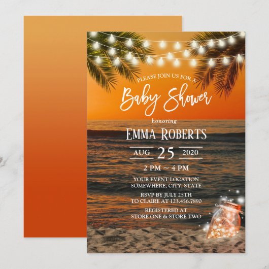 Invitation Baby shower Tropical Sunset Beach Glow Mason Jar (Devant / Derrière)