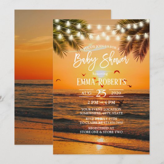 Invitation Baby shower Tropical Sunset Palm Beach (Devant / Derrière)