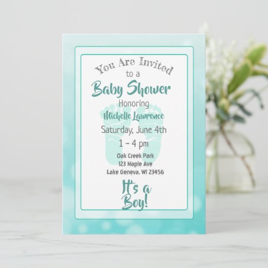 Invitation Baby shower turquoise (Debout devant)