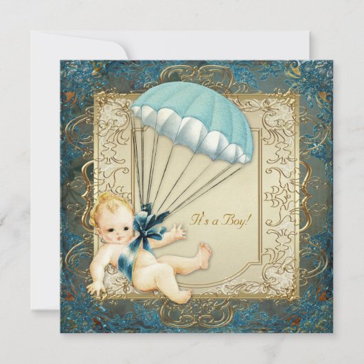 Invitation Baby shower turquoise Blue and Gold Boys (Devant)